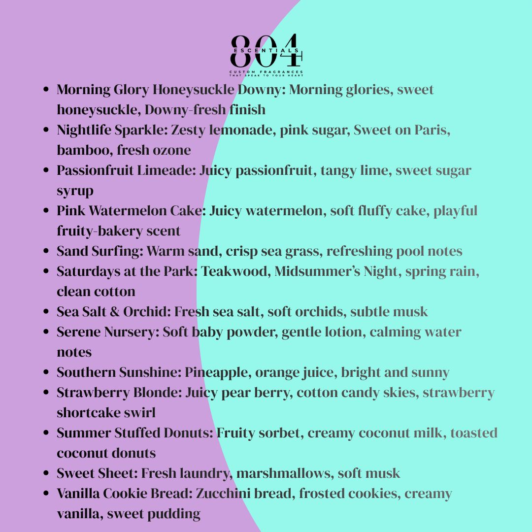 List of scents with descriptions on a pink and blue gradient background