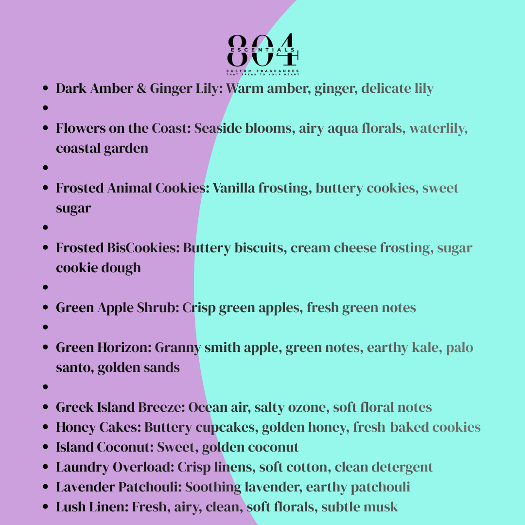 List of scents with corresponding descriptions on a two-tone purple and green background