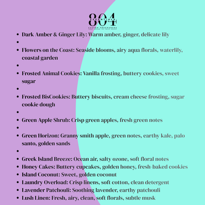 List of scents with corresponding descriptions on a two-tone purple and green background