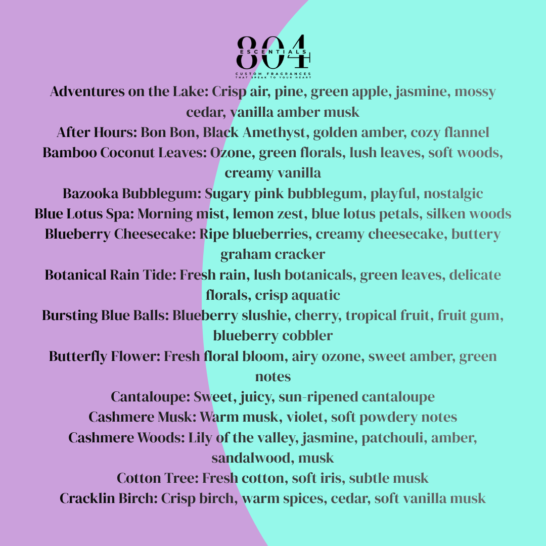 List of scents with corresponding descriptions on a purple and green gradient background