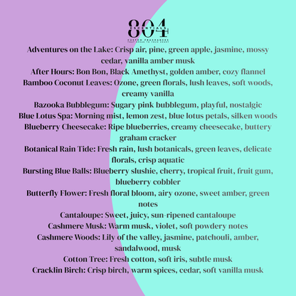 List of scents with corresponding descriptions on a purple and green gradient background