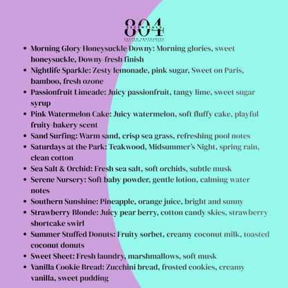 List of scents with descriptions on a pink and blue gradient background