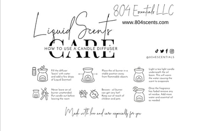 Instructions on how to use a candle diffuser with 804 Essentials branding.