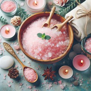 Bowl of pink bath salts with spoons, candles, and decorative elements on a blue surface.