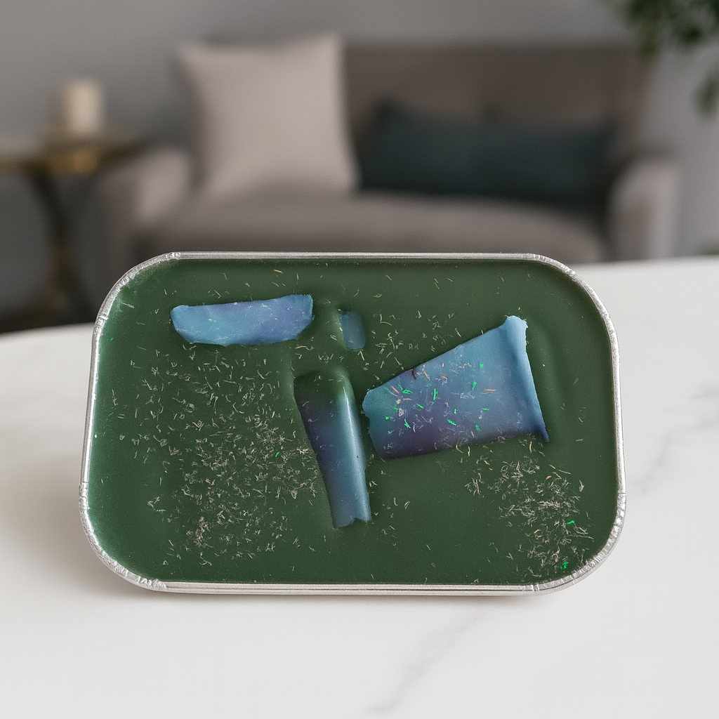 Green candle in a tin with blue wick on a white surface, blurred living room background