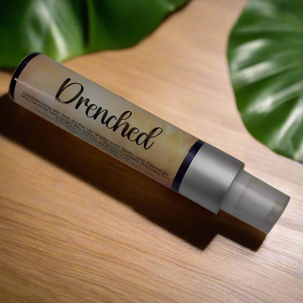 Cosmetic product with 'Drenched' branding on a white background