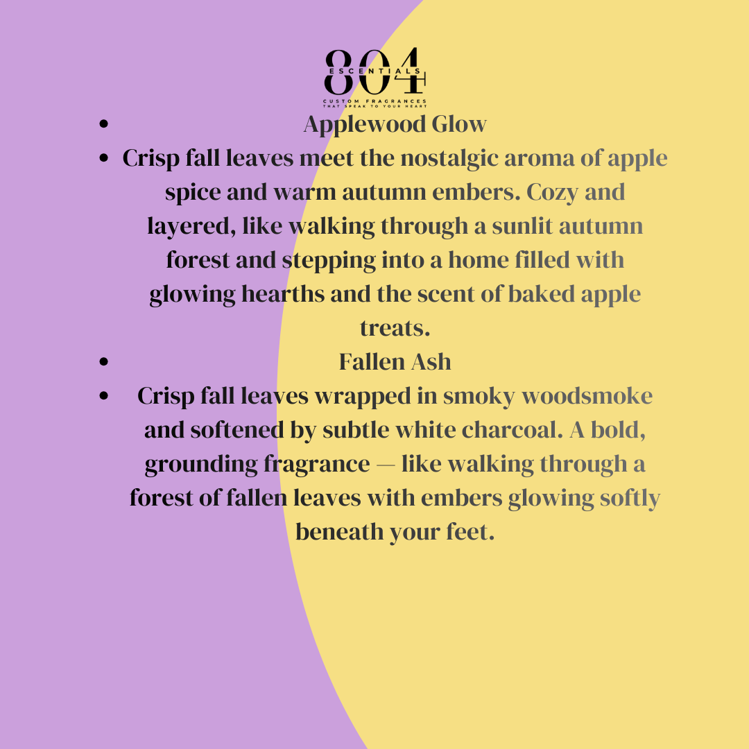 Text description of Applewood Glow fragrance on a purple and yellow background