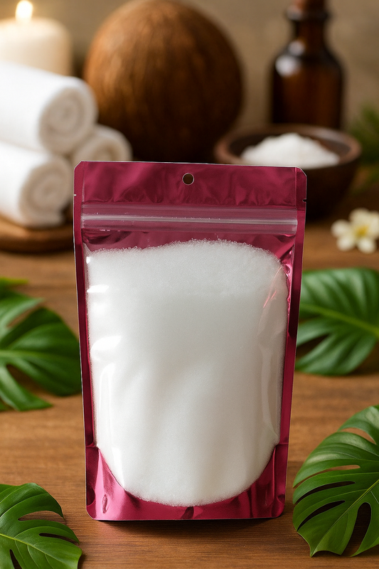 Pink packaging of a white product on a wooden surface with green leaves and a coconut in the background