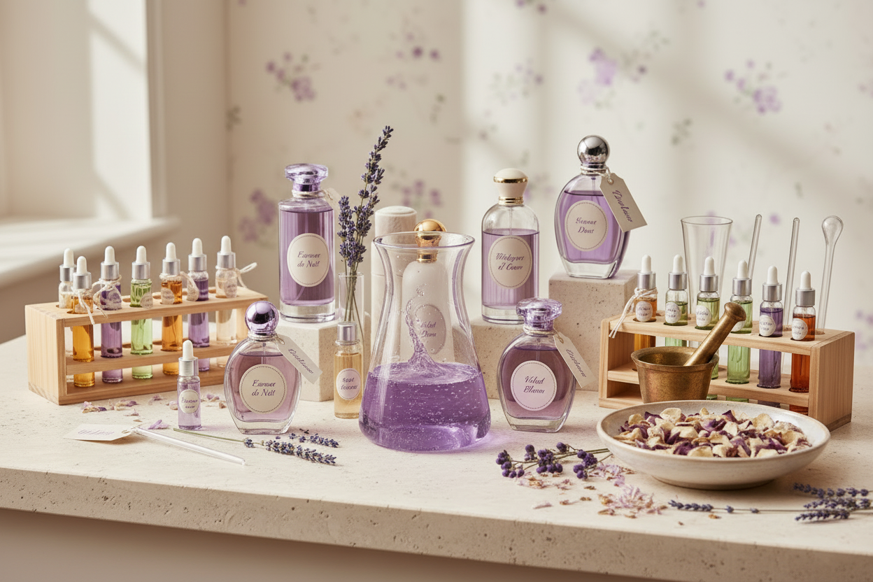 Collection of perfume bottles and lavender flowers on a table with a soft, blurred background.
