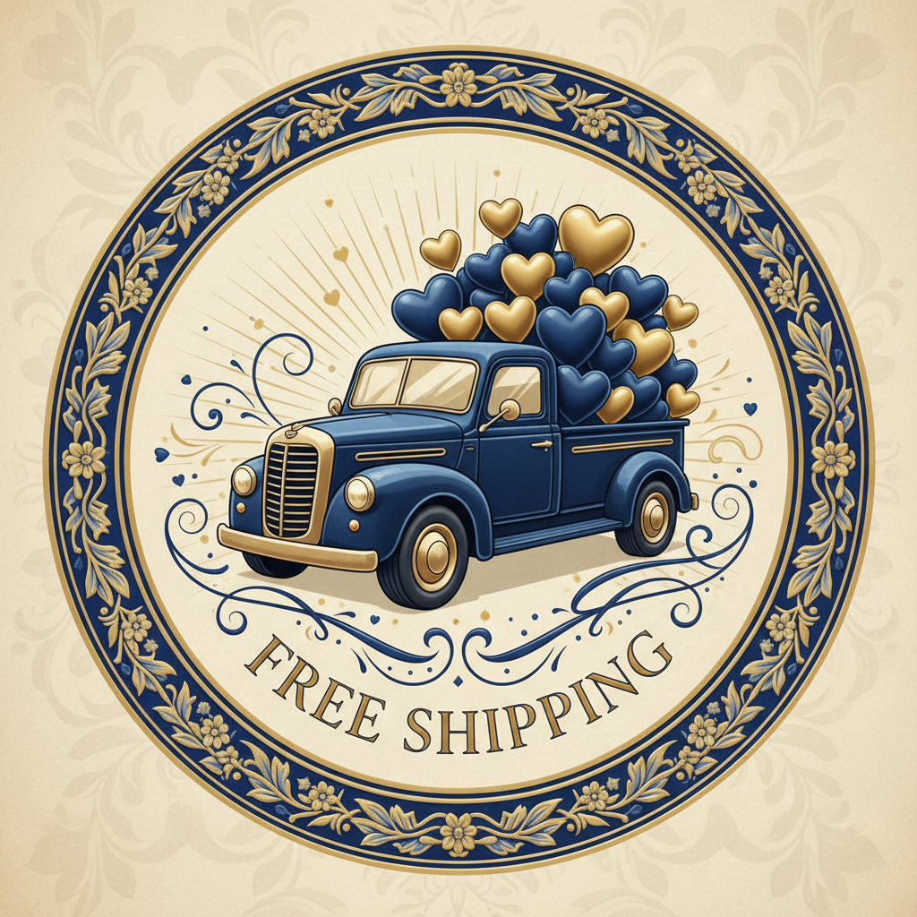 Vintage truck with heart-shaped balloons on a decorative background with 'Free Shipping' text.
