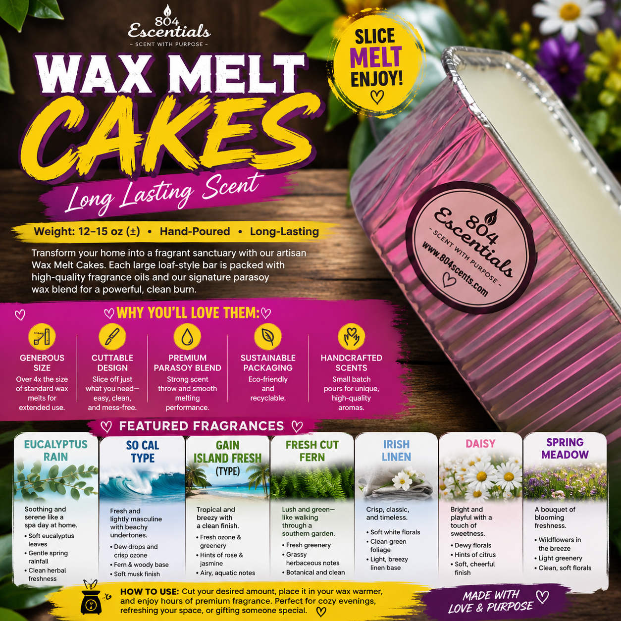 Advertisement for 804 Essentials wax melt cakes with product details and fragrances listed.