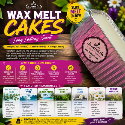 Advertisement for 804 Essentials wax melt cakes with product details and fragrances listed.