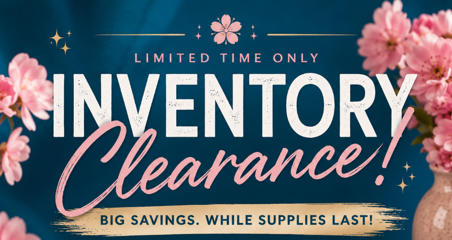 Promotional flyer for inventory clearance with flowers and text on a blue background