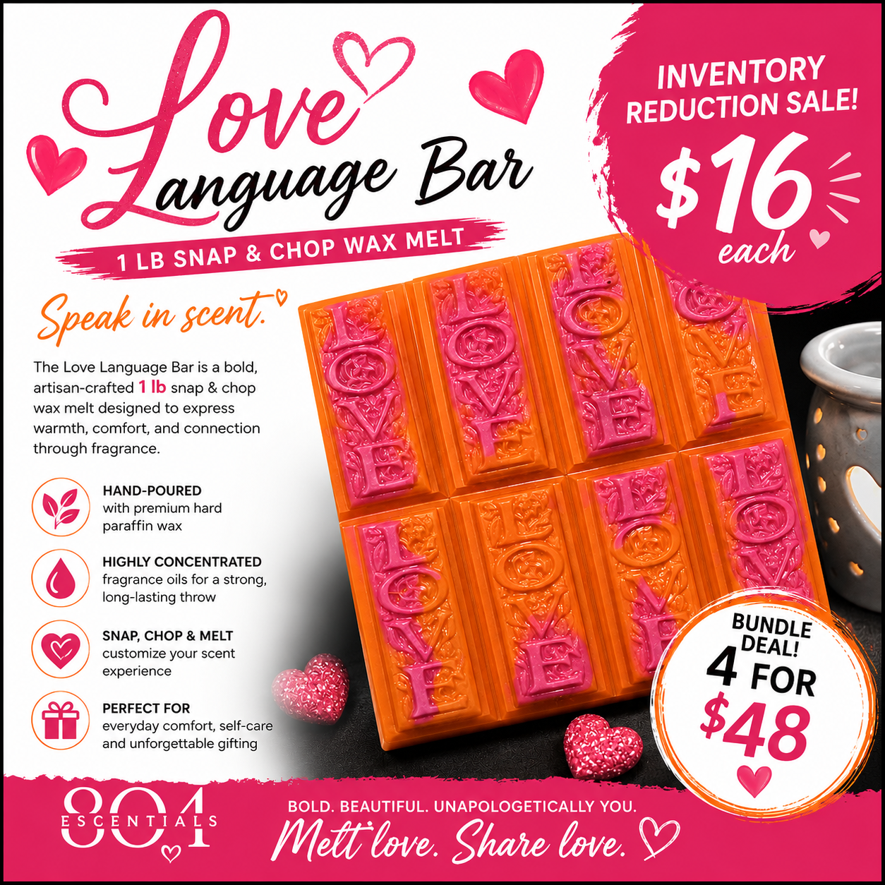 Love Language Bar – 1 lb Snap & Chop Wax Melt | Bold LOVE Design | Long-Lasting Scent