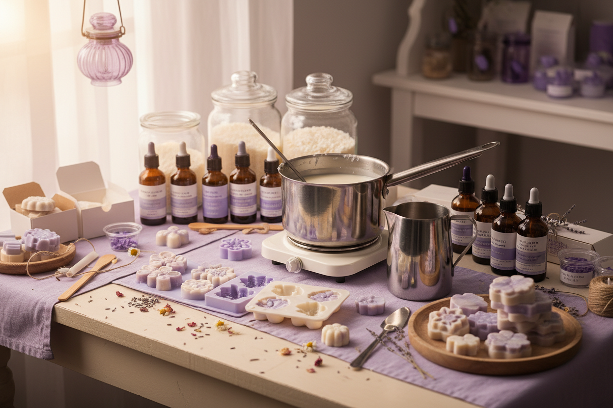 Table with soap-making supplies including molds, bottles, and a pot on a hot plate.