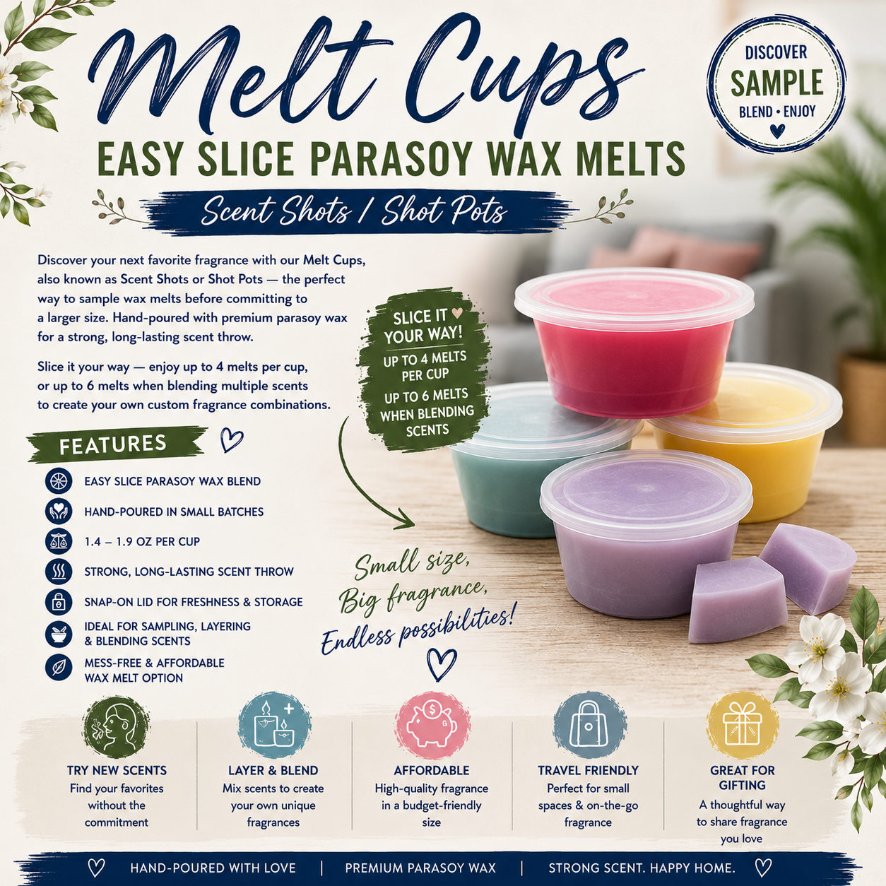 Advertisement for Melt Cups wax melts with product images and text on a light background.