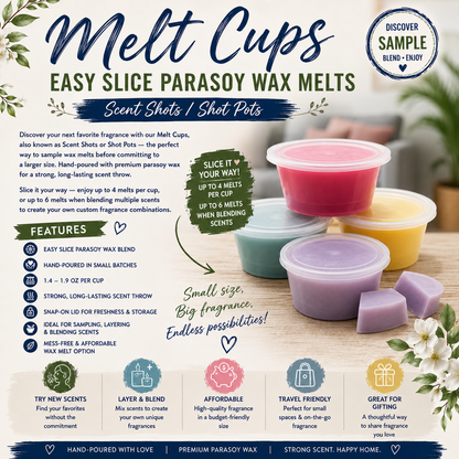Advertisement for Melt Cups wax melts with product images and text on a light background.