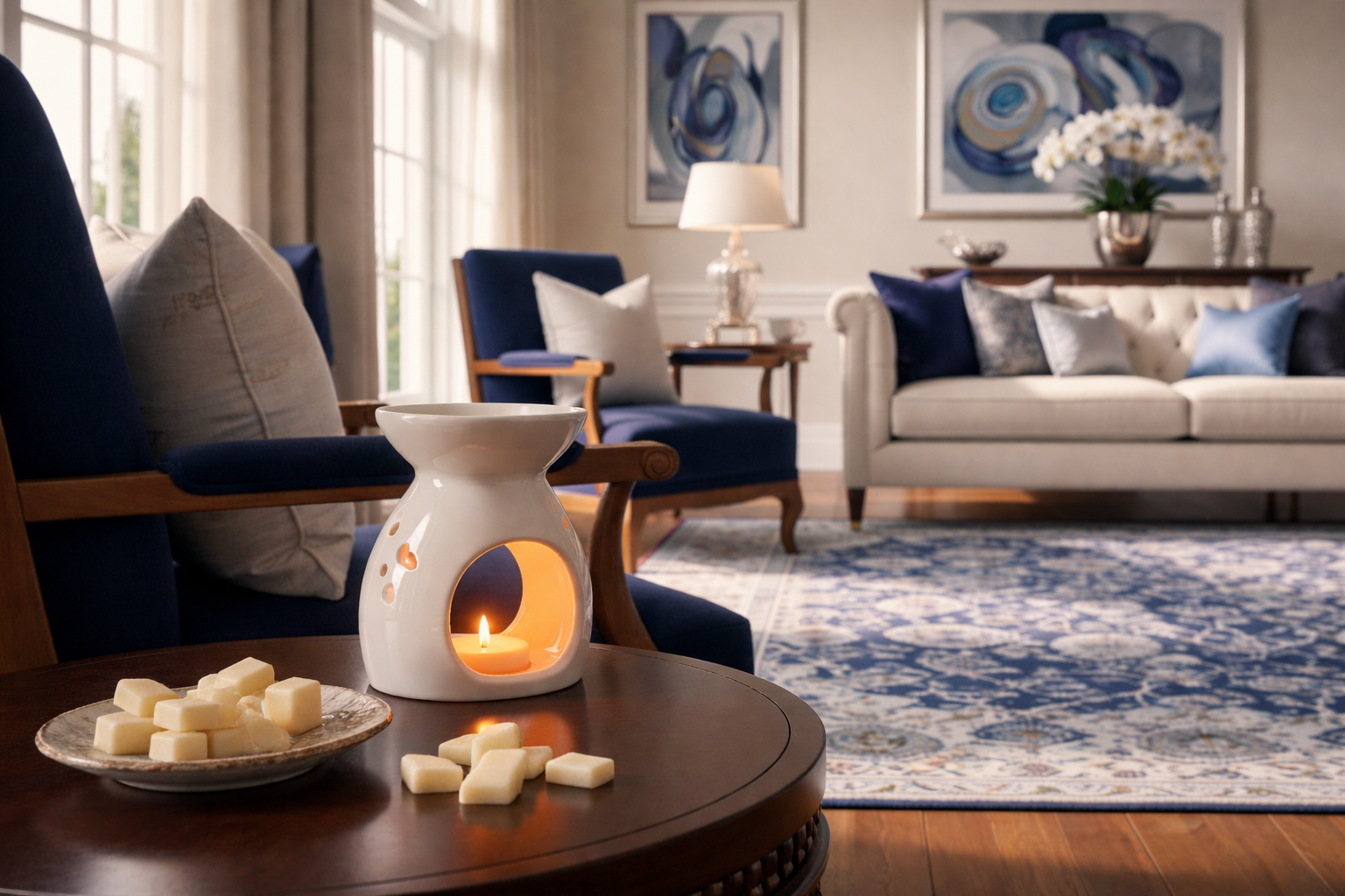 Living room with a table lamp, decorative pillows, and a scented wax warmer.