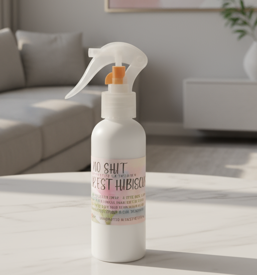 Spray bottle labeled 'SUIT YOURSELF' on a white surface with a modern living room in the background.