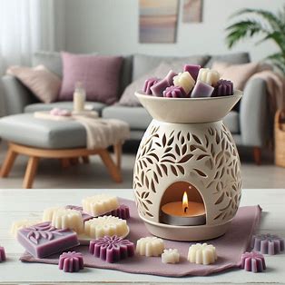 Decorative wax melts and a scented lamp on a table in a living room setting.
