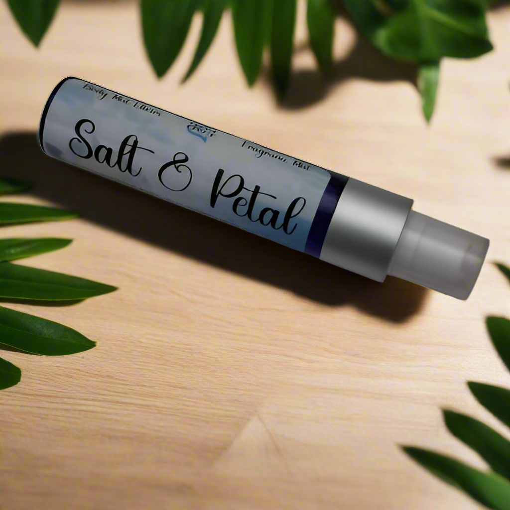 body mist labeled 'Salt & Petal' on a white background