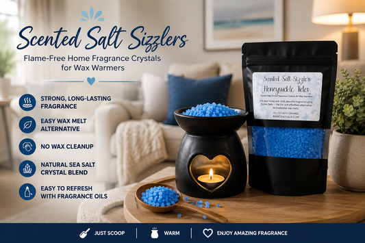Scented salt sizzlers packaging with a candle warmer and blue crystals on a table.