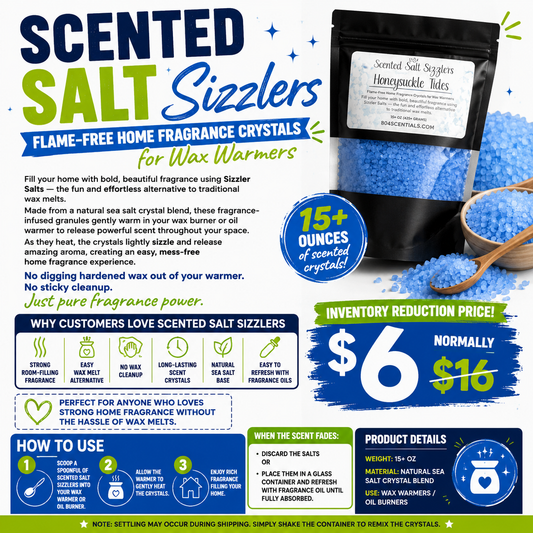 Promotional graphic for scented salt sizzlers with product packaging and text details.