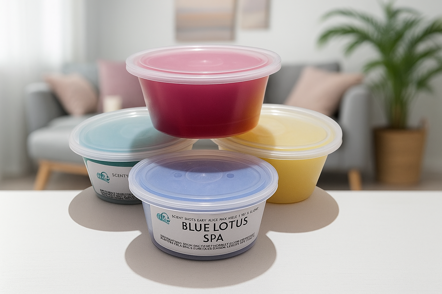 Four containers of wax melts product on a table with a blurred indoor background