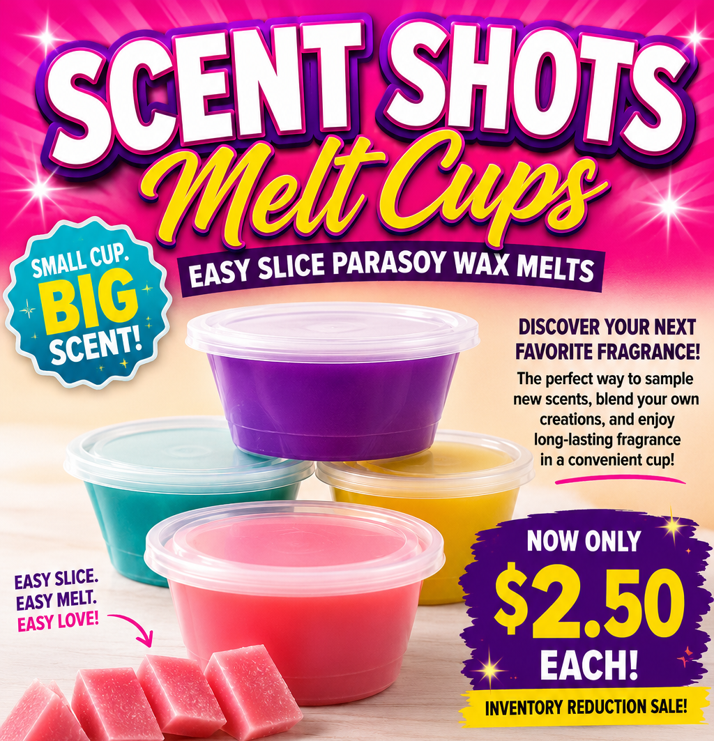 Advertisement for Scent Shots Melt Cups with colorful containers and text on a pink background.